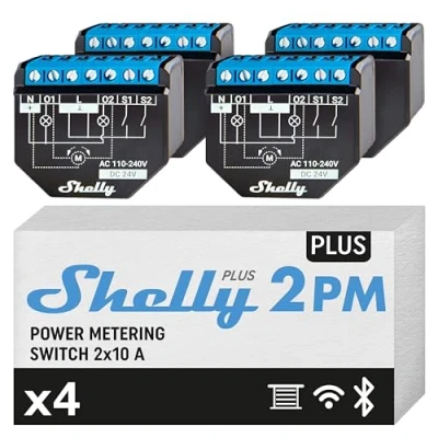 Image of Shelly Plus 2PM (16A) 4 Pack WiFi &amp; Bluetooth 2 Channels Smart Switch with Power Metering Home Automation Roller Shutter Remote Control Alexa Google Compatibility iOS Android App