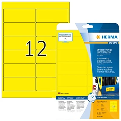Image of HERMA Self Adhesive Film Labels, 12 Labels per A4 Sheet, 25 Sheets, 99.1 x 42.3 mm, 300 Blank Weatherproof Stickers, Sticky for Laser &amp; Inkjet Printer, Yellow