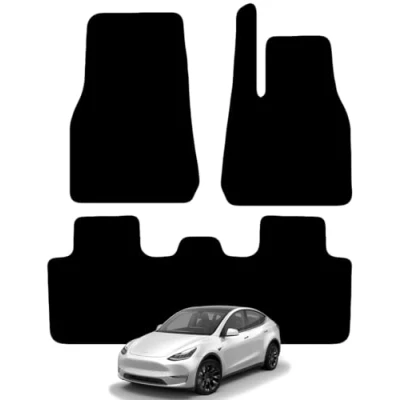 Image of Carsio Carpet Car Mats For Tesla Model Y 2022+ Onwards Tailored Fit Floor Mat Set Complete Accessory Black Custom Fitted All Weather, Anti Slip Backing &amp; Trim