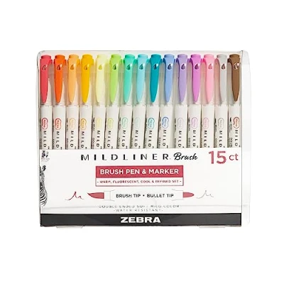 Image of Zebra Pen Mildliner Double Ended Brush Tip &amp; Fine Marker 15/Pkg Assorted Colors, OSFA