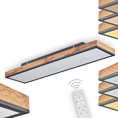 Image of hofstein LED Ceiling Light Salmi in Black/Wood Optic/brun Metal with White Plastic lampshade, Modern lamp, 1x 24Watt, 1500Lumen, 4000Kelvin, dimmable &amp; Color Changeable via Remote