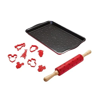 Image of Prestige New Disney Bake with Mickey Mouse Bakeware Set Non Stick Oven Tray 10&quot; x 15&quot;, Cookie Cutter of 4 and Silicone Rolling Pin 45cm