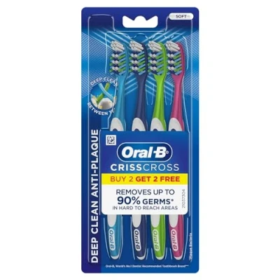 Image of Oral B CrossAction Anti Plaque Indicator Toothbrush with Tongue Cleaner and Bristles (All in One), Soft Pack of 4