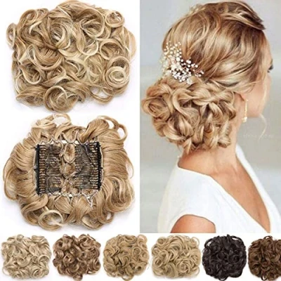 Image of Short Combs Messy Curly Wavy Hair Extensions Bun Piece Up Do Drawstring Ponytail Clip in Comb Chignon Medium Brown