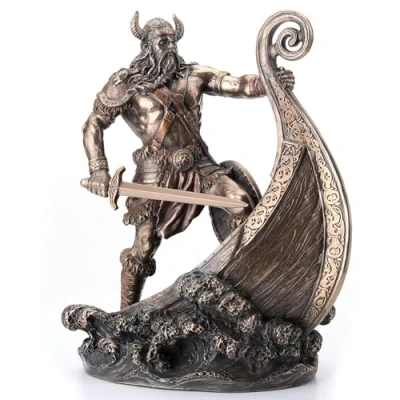 Image of Veronese Design 9.5 Inch Norse Viking Warrior Standing On Long Ship Prow Antique Bronze Finish Statue