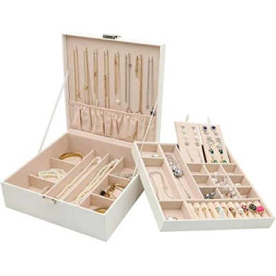 Image of ProCase Jewellery Box Organiser, Large Boxes with 2 Tiers, Gift Storage Cases Removable Divider for Earrings, Bracelets, Rings, Necklaces White