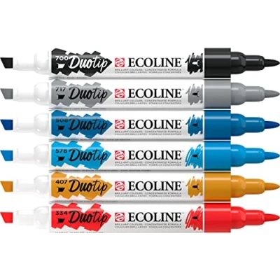 Image of Ecoline Duotip Liquid Watercolor Markers Set of 6 Urban Landscape Colors Pens with Fine Bullet and Broad Chisel Nib