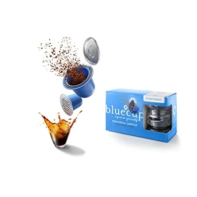 Image of BLUECUP Reusable Capsules Nespresso, Refillable Pods Compatible with Nespresso Machines (Original line), Durable, Starter Pack [2 + 100 lids 1 pod Sealer Spoon]