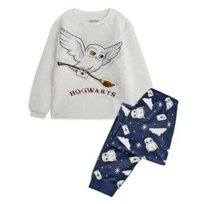 Image of Harry Potter Kids Pyjama Set Hogwarts Hedwig Long Sleeve Sherpa Fleece Top &amp; All Over Print Loungewear Bottoms Complete Matching Sleepwear Bundle Movie Magic Merchandise Apparel Gift Multicolor