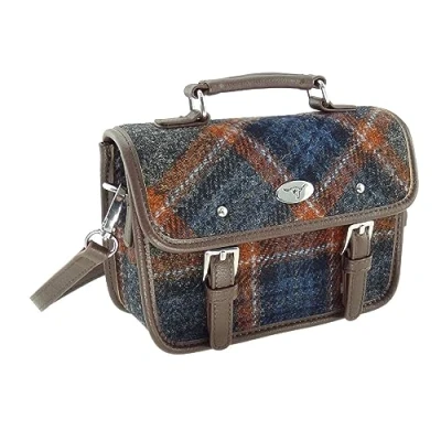 Image of Glen Appin Harris Tweed Bervie Mini Satchel Bag With Adjustable &amp; Removable Shoulder Strap (127 Grey Rust Over Check)