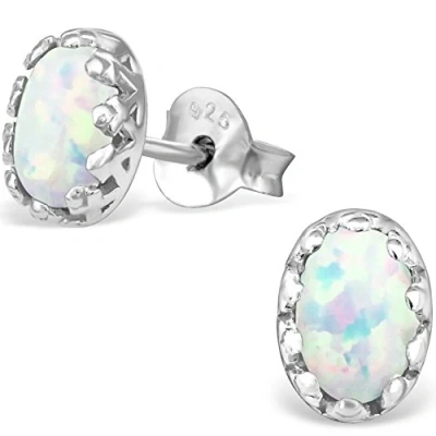 Image of The Goldmine Small Oval Shaped 925 Sterling Silver and White Multi Colour Opal Stud Earrings