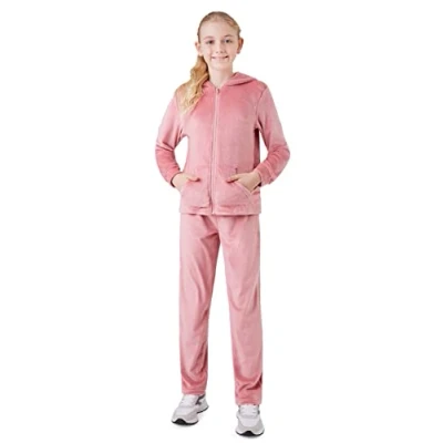 Image of CityComfort Girls Tracksuit Set, 2 Piece Velour Hoodie and Bottoms Lounge Set (Pink, 9 10 Years)