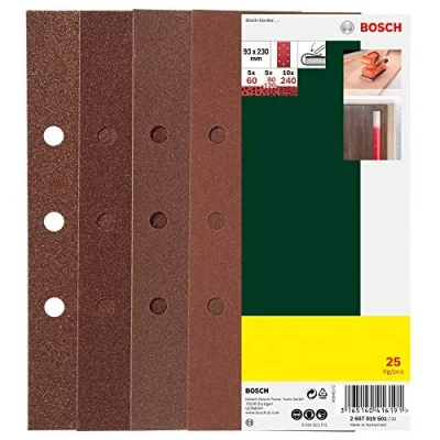 Image of Bosch 25 Sanding Sheet Set for Orbital Sanders, B&amp;D hole, 60 240 Grit, 93x230mm