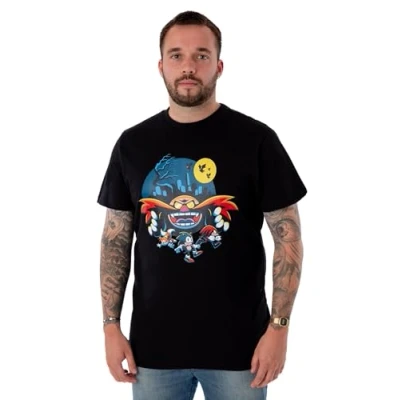 Image of SONIC THE HEDGEHOG Mens T Shirt Doctor Eggman Halloween Game Graphic Tee for Adults Dr. Robotnik Seasonal Black Short Sleeve Top 90s Retro Gaming Merchandise Gift Men