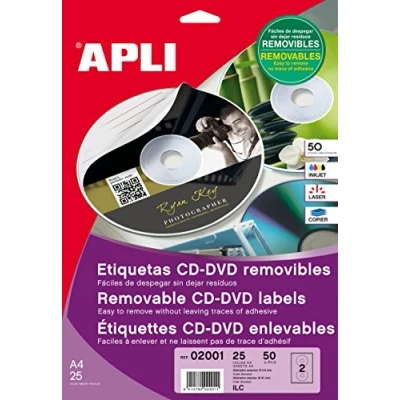 Image of APLI CD/DVD Labels, White, for Laser and Copier, Inket Label Diameter 114 mm, Pack of 50, Removable