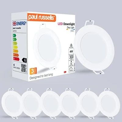 Image of paul russells LED Ceiling Downlights, 4W Slim Recessed Bathroom Kitchen Ceilings, 300 Lumens, 6500K Bright Daylight, Cutout 70 80mm, Round Non Dimmable Panel Spotlights, 6 Packs
