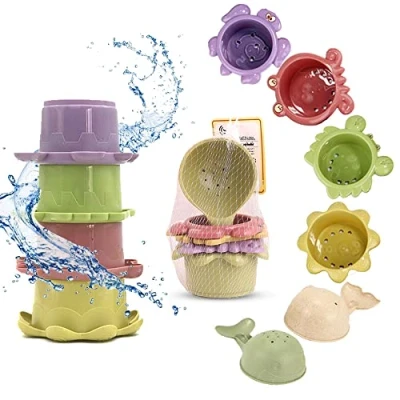 Image of Adalex Global Baby Stacking cups Plastic Toddler Bath Toys Stack Cup Toy Activity Nesting Set (Playful A)