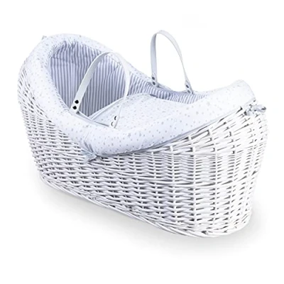 Image of Clair de Lune Stars &amp; Stripes Wrapover White Wicker Noah Pod Integrated Hood Includes Handles, Coverlet, Padded Liner and Hypoallergenic Mattress Suitable from Birth 76 x 29 45 cm (Grey)