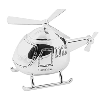 Image of [Custom] Personalised Engraved Silver plated Helicopter Bank Money Box Christening / Birthday Baby Gift