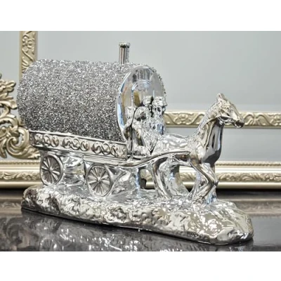 Image of DEENZ Silver Horse With Wagon Gypsy Crushed Diamond Carriage Ornament Shelf Sitter