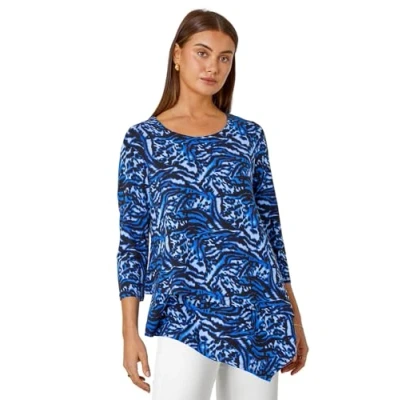 Image of Roman Originals Women Hanky Hem Tunic Ladies Top Asymmetric Hemline Blouse Double Layer Mesh Overlay Jersey Stretchy Summer Spring Flattering 3/4 Sleeve Smart Casual Work Blue Black White Size 14