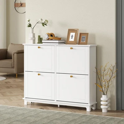 Image of HOMCOM Narrow Shoe Storage Cabinet for Hallway, Modern Slim with 4 Flip Drawers and Adjustable Shelves 16 Pairs of Shoes, White