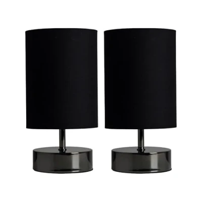 Image of Pair of Modern Black Chrome Touch Dimmer Bedside Table Lamps with Polycotton Light Shades
