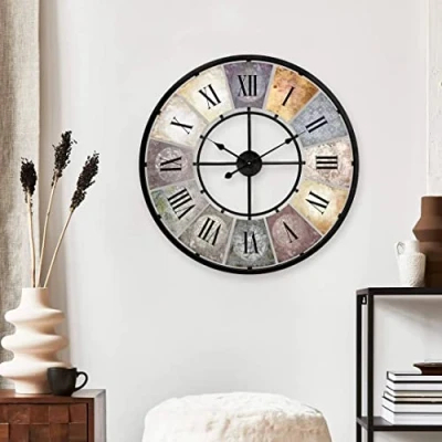 Image of Large Vintage Wall Clock Living Room without Ticking Noises Modern XXL Clocks Roman Numerals Retro Decoration (Metal Diameter 50 cm Antique Colourful)