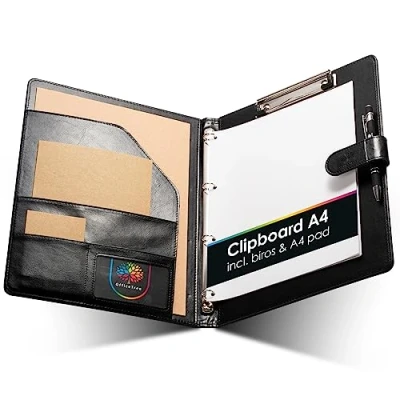 Image of OfficeTree A4 Clipboard Folder with Cover Foldover Writing Set in Black Ring Binder DIN Clip Board Organiser Includes pad and Ballpoint Pen