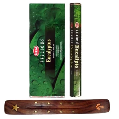 Image of HEM Incense sticks PRECIOUS Eucalyptus Full box of 6 with DHS stick holder for Yoga, Meditation, Healing, Spirituality, Aromatherapy, Spa and Relaxation…