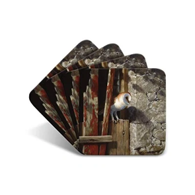 Image of Barn Owl Doorway Drinks Coasters by Wildlife Artist Julian Friers Set of 4 Non Slip, Cork Table