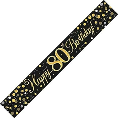 Image of 9ft Banner Sparkling Fizz 80th Birthday Black &amp; Gold Holographic