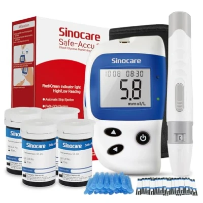 Image of Blood Sugar Monitor, Sinocare Safe Accu2 Test Kit with 100 Strips, Lans, Light Indicator, No Coding, Easy to Use, Diabetes Testing Home Use UK, mmol/L