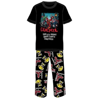 Image of Marvel Deadpool Cinematic Universe Mens Pajama Set Movie Night Loungewear, Action Graphic PJs Size XL