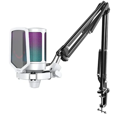 Image of Gaming Mic Kit Bundle, FIFINE PC USB Computer Condenser Microphone Set with Quick Mute, Arm Stand, for PS4/PS5/MAC A6T White