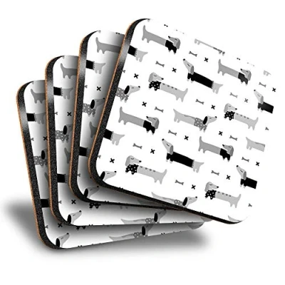 Image of Destination Vinyl ltd Great Coasters (Set of 4) Square BW Dachshund Sausage Dog Drawings Drink Glossy Coasters/Tabletop Protection for Any Table Type #43147