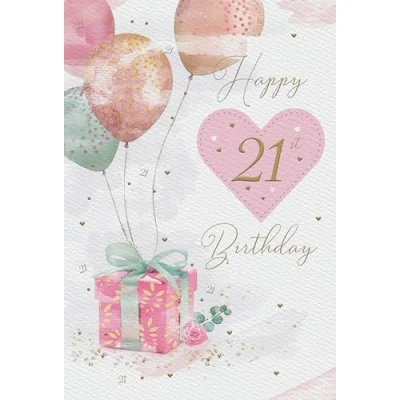 Image of Female 21st Birthday Card for Her Age 21 Balloons and Present Special Finishes Illustrated Insert Leaf Made in the UK Eco Friendly