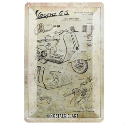 Image of Nostalgic Art Retro Tin Sign Vespa Parts Sketches Gift idea for scooter fans, Metal Plaque, Vintage design wall decoration, 20 x 30 cm
