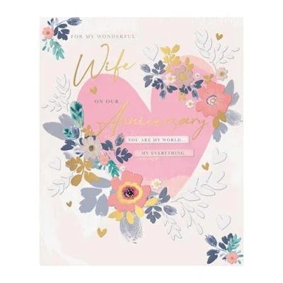 Image of Words &#039;n&#039; Wishes Wonderful Wife Large Anniversary Card &#039;You Are My World, Everything&#039; Love Heart and Flowers Embossed with Foil Details Eco Friendly