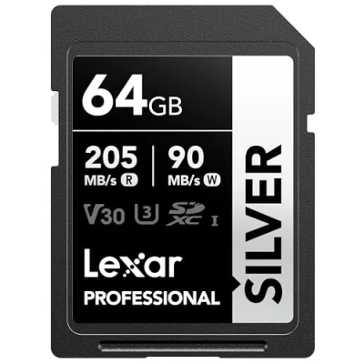 Image of Lexar 64GB SD Card SILVER, Up to 205MB/s Read, 90MB/s Write, SDXC UHS I Memory Card, Class 10, U3, V30, for Professional Photographers, Videographers, Enthusiasts