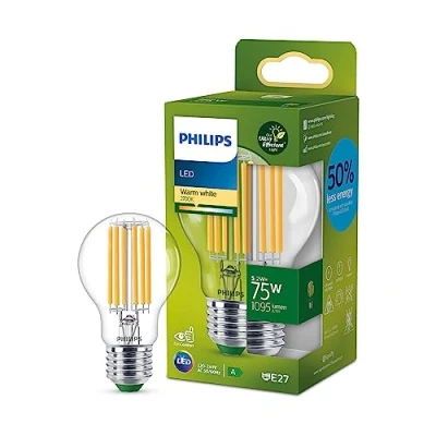Image of PHILIPS Ultra Efficient Energy Saving Lights, LED Light Source, 75W, A60, E27, Warm White 2700 Kelvin, Clear