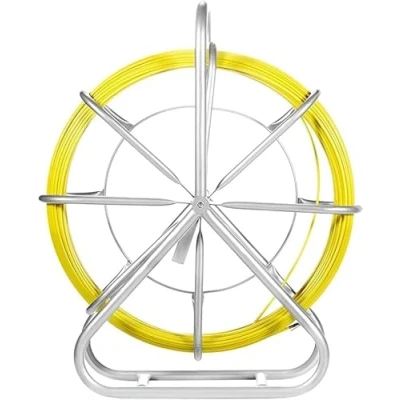 Image of Fish Tape Fiberglass, 425 ft, 6mm, Cable Running Rod, Duct Rodder Fishtape Wire Puller with Steel Reel Stand, 3 Pulling Heads, Fishing Tools for Walls and Electrical Conduit, Non Conductive