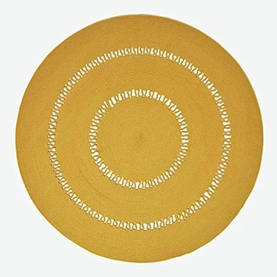 Image of HOMESCAPES Mustard Yellow Crochet Rug Handwoven Cotton Braided Mat Reversible 120 cm Round for Living Room &amp; Bedroom