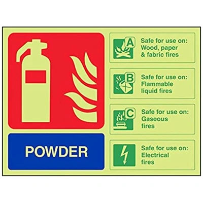 Image of V Safety Glow In The Dark Powder Id Fire Extinguisher Sign 200mm x 150mm Rigid Plastic
