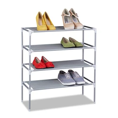 Image of Relaxdays Rack, Organiser with 4 Levels, Stores 12 Pairs of Shoes, Fleece, Iron, HxWxD: 68 x 62 28, Grey, 28 cm
