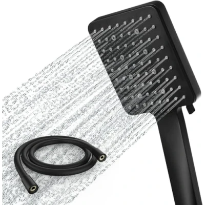 Image of Shower Head and Hose, Newentor High Pressure with 6 Spray One Hand Switch, Large Black Hose 1.5m, S02 SET B