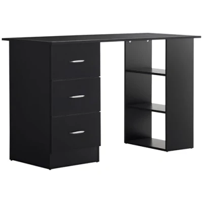 Image of HOMCOM Computer Desk, Writing Table, PC Workstation with 3 Storage Shelves and Drawers, Silver Handle, for Home Office, Black