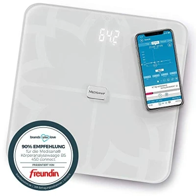 Image of medisana BS 450 connect, digital body analysis scale 180 kg / 396 lbs white personal for measuring fat, water, muscle mass and bone weight, fat with app
