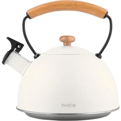 Image of briebe Nordic Whistling Induction Teapot 2.3L, Infusions, Stainless Steel Water Boiler, All Types of Cookers, Ceramic Hob, Gas, Cold Touch Wood Handle, Tea Pot, White