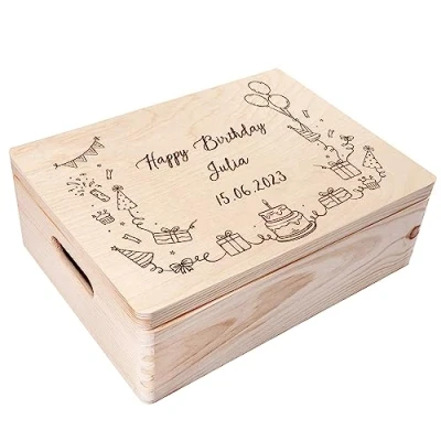 Image of Creative Deco Personalised Birthday Gift Gifts for Women, Men, Girls or Boys Unique Wish Text Custom Box Customised Wooden Storage with Hinged Lid Perfect as a Keepsake Decoration